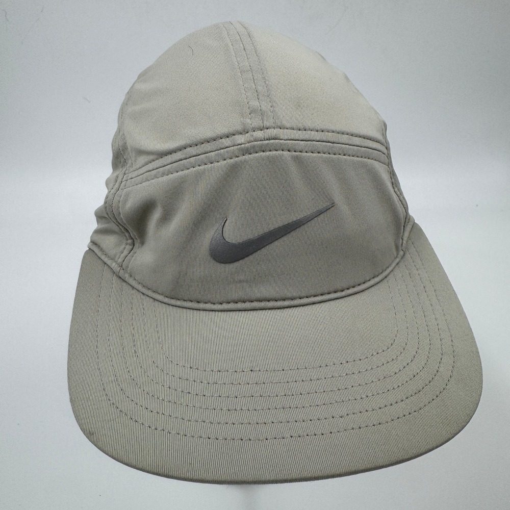Nike Dri-FIT 5 Panel Running Hat Khaki Reflective Swoosh Adjustable Cap Rare VTG